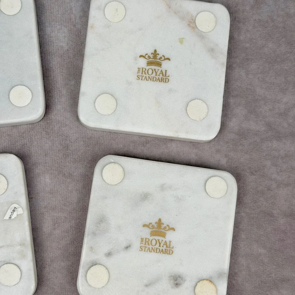 The Royal Standard White Marble Arkansas Brass Inlay Coasters Set of 4